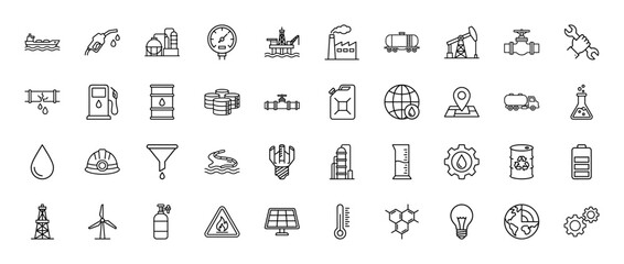 Oil and gas industry line icon set. Vector pictograms of refinery, offshore rig, fuel truck, and barrel, thin outline illustration.