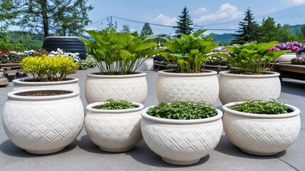 Outdoor garden center features large stone plant pots, showcasing a variety of plants and trees for customers interested in gardening
