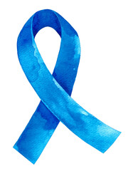 Watercolor illustration of a blue awareness ribbon symbolizing support, solidarity, and health advocacy on a transparent background