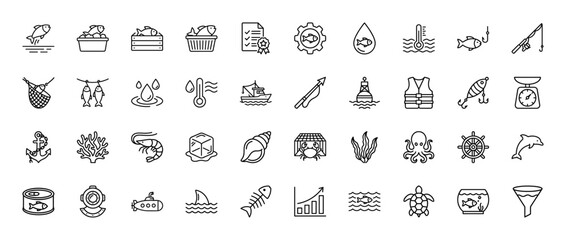 Fishing and seafood line icon set. Vector pictograms of rod, boat, net, hook, crab, shrimp, anchor, octopus, fish, scale, submarine and shell, thin outline illustration.