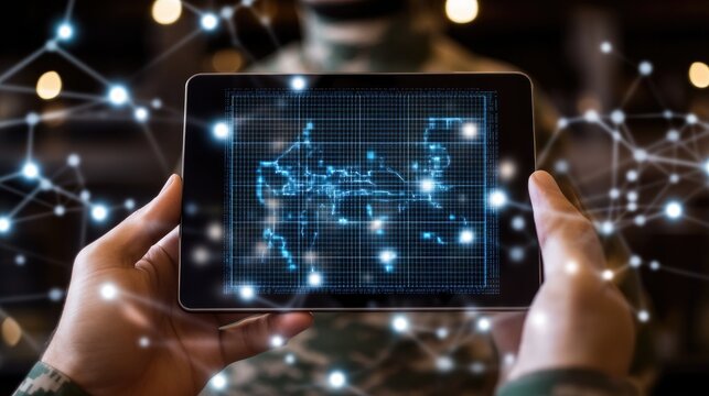Close-up of a soldier's hand holding a holographic tablet, showcasing detailed military maps against a dark brown backdrop - Powered by Adobe