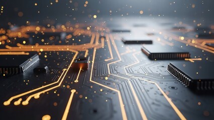 Intricate dark circuit board with glowing orange traces and shimmering light particles