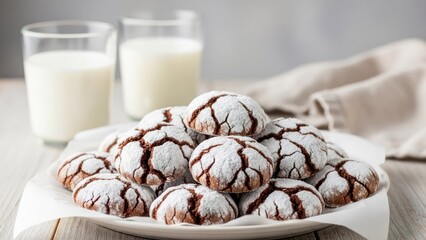 Heap of powdered sugar-dusted chocolate crinkle cookies with two glasses of milk