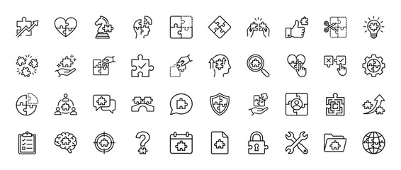 Business solution line icon set. Vector pictograms of puzzle pieces, strategy, teamwork, and planning, thin outline illustration.
