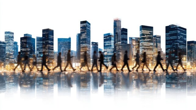 Silhouettes of business people walking through a modern city, combined with digital graphs in a light blue color scheme, create a dynamic visual