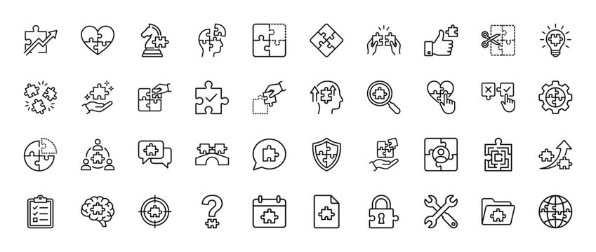 Business solution line icon set. Vector pictograms of puzzle pieces, strategy, teamwork, and planning, thin outline illustration.