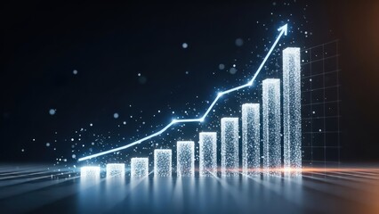Illuminated digital particle bar chart with an ascending trend line, symbolizing growth