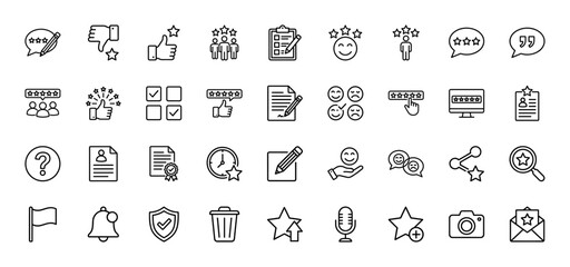 Customer feedback and rating line icon set. Vector pictograms of review, satisfaction, testimonial, approval, survey, and quality, thin outline illustration.