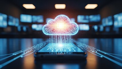 Illuminated circuit cloud above a smartphone, with data streams in a server room