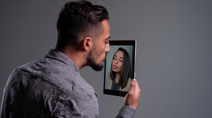 Man kissing a tablet screen during a video call with his partner, concept of long-distance love and connection on Valentine's Day