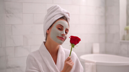 Woman applying clay face mask while holding a red rose, relaxing in the bath, Valentine's Day self-care and love concept