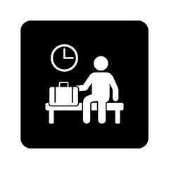 Waiting icon, waiting room vector flat design sign silhouette on white background. Clock, man, chair, travel case.  Man sitting with bag on chair.