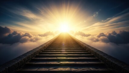 Fototapeta premium Majestic stone staircase ascends through ethereal clouds towards a glorious, bright sun
