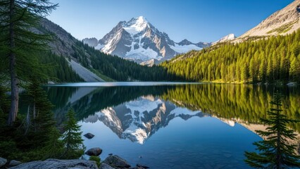 Majestic snow-capped mountain reflects perfectly in a calm alpine lake amidst green forest