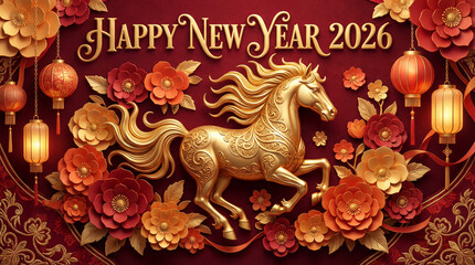 The horse is adorned with intricate golden patterns. luxury red and gold chinese horse new year background, 2026 new year with copy space for text, a dynamic pose against a vibrant red background.