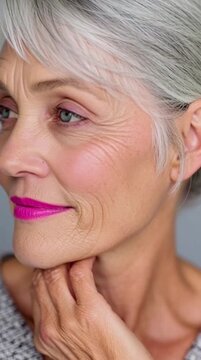 Portrait of an elegant elderly woman with gray hair and blue eyes wearing bright pink lipstick, natural skin texture and visible wrinkles. Her nails match the lipstick color.