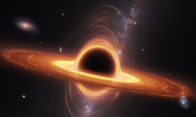 Massive black hole with a vibrant orange-yellow accretion disk bending starlight in space