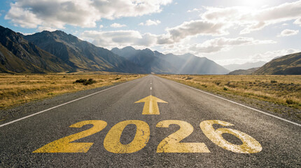 Road to 2026 with an empty road with written 2026 and arrow pointing towards the horizon to represent the future and positivity and success of the new year 2026