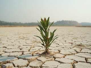 A young sapling thrives amid a cracked, barren landscape, symbolizing hope and resilience.