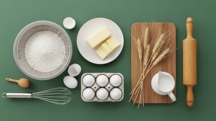 Overhead of baking essentials flour, eggs, butter, milk, wheat, tools on a green surface