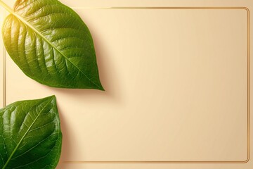 A minimal beige background with gold borders and realistic green leaves lit by warm sunlight.