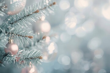 A pastel Christmas tree adorned with pink glitter ornaments against a soft, bokeh-filled background.