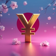A golden 3D yen symbol stands on a pink surface with cherry blossoms and a pink-blue gradient background.