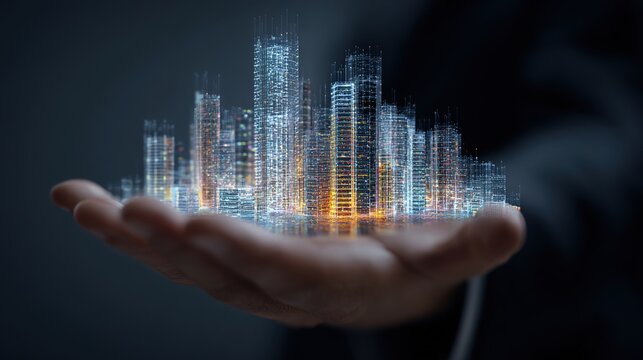 Digital City: A person's hand cradles a miniature, glowing cityscape, symbolizing innovation and the future of urban development. This image presents a vision of the smart city.