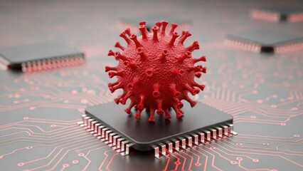 Red spiky virus model on a microchip, representing digital threat and cyber security