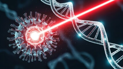 Red laser beam targets a spiky virus cell next to a DNA strand in a dark scientific setting