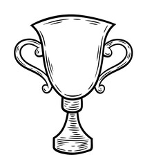 Hand drawn trophy, monochrome engraving, line art style vector illustration isolated on white background	
