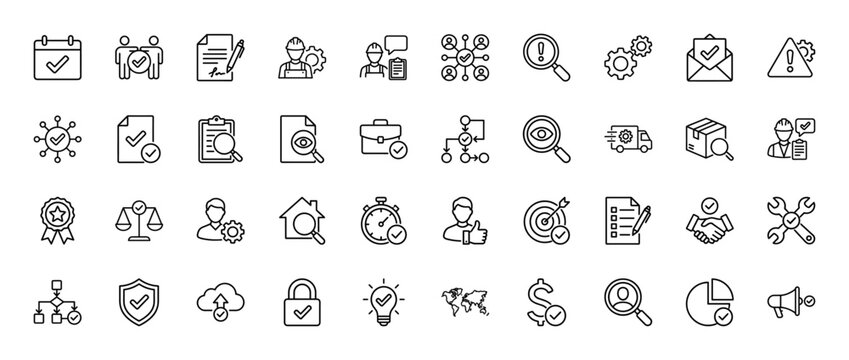 Quality control and business management line icon set. Vector pictograms of task completion, delivery, contract, and problem-solving, thin outline illustration.