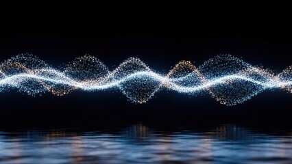 Shimmering blue-orange particle wave reflected on water against a dark background