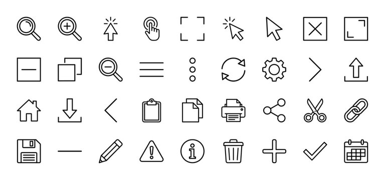 Interface design line icon set. Vector pictograms of zoom, upload, home, save, and settings, thin outline illustration.