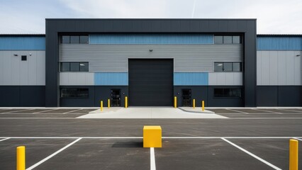 Sleek grey and blue industrial building with big door and empty asphalt parking lot