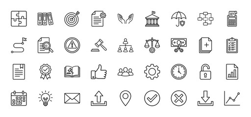 Business and legal management line icon set. Vector pictograms of puzzle, target, bank, gavel, calculator, roadmap, scales, checklist and report, thin outline illustration.