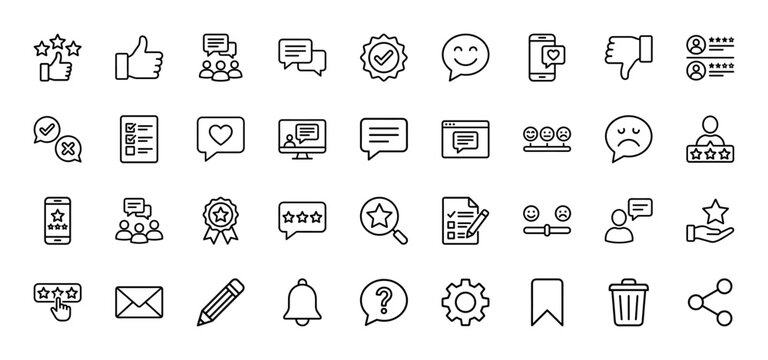 Feedback and review line icon set. Vector pictograms of stars, thumbs up, messages, and document checklists, thin outline illustration.