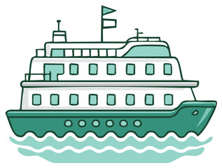 Obraz premium Cartoon illustration of a ferry boat sailing across the water with flag and windows.