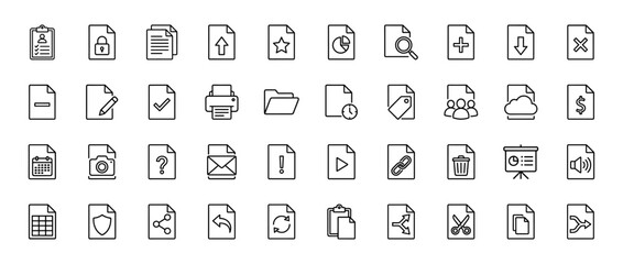 Document and file management line icon set. Vector pictograms of download, upload, printer, folder, and link, thin outline illustration.