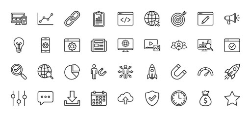 Search engine optimization line icon set. Vector pictograms of ranking, analytics, targeting, speed, and development, thin outline illustration.