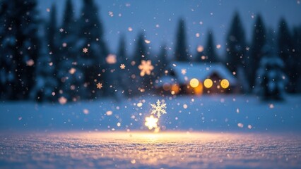 Sparkling snowflakes fall on a winter night, a cozy cabin glows in a snowy forest