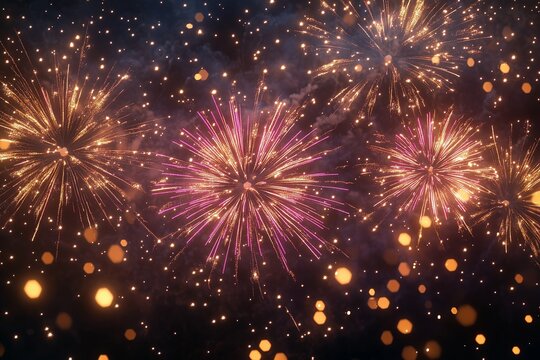 Spectacular colorful fireworks explosion with golden and pink bursts against night sky.