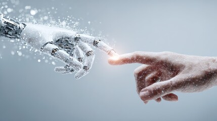 Convergence of Tomorrow: A compelling image illustrating the fusion of human touch and technological advancement, a robot hand extending towards a human fingertip, sparking a connection.