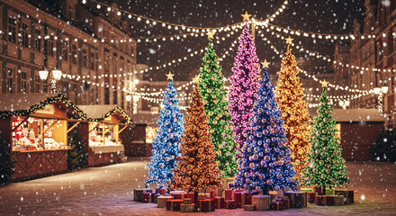 Illuminated colorful Christmas trees at night during snowfall, with gift boxes. Festive scene, representing winter celebration, holiday season