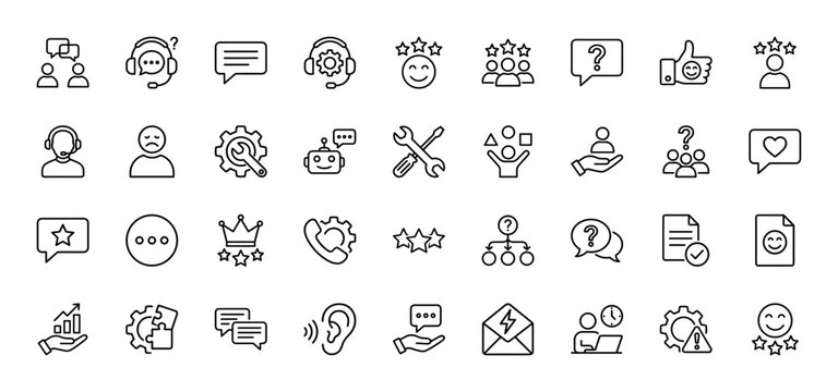 Customer service line icon set. Vector pictograms of support, feedback, rating, chat, and call center, thin outline illustration.