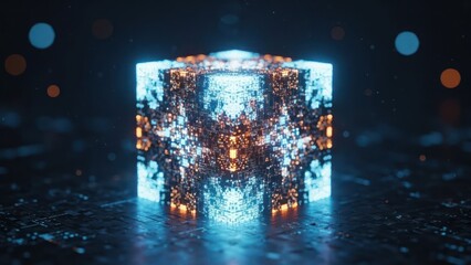 Vibrant blue and orange glowing pixelated cube on a dark digital circuit surface