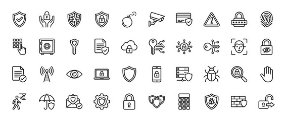 Cybersecurity line icon set. Vector pictograms of shield, padlock, key, data, and defense concepts, thin outline illustration.