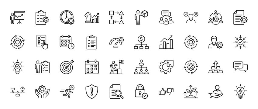 Business management and planning line icon set. Vector pictograms of task lists, goal setting, strategy, and time clock, thin outline illustration.