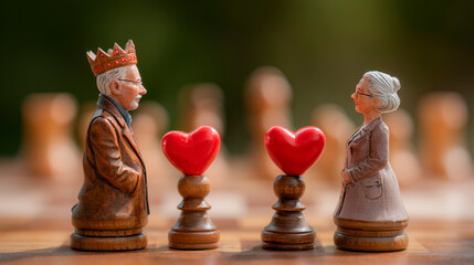 Chess pieces replaced by figures of elderly lovers, concept of love and strategy for Valentine's Day