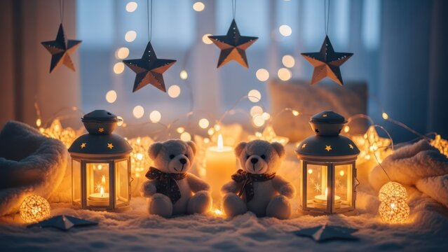 Warm glow illuminates two teddy bears, lanterns, and hanging stars with fairy lights - Powered by Adobe